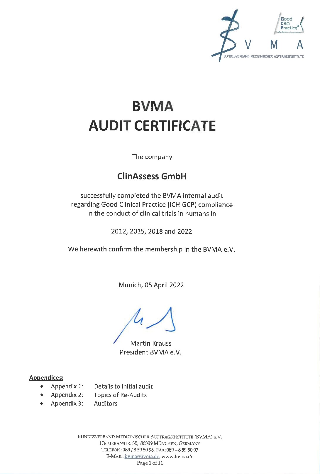 BVMA Audit Certificate
